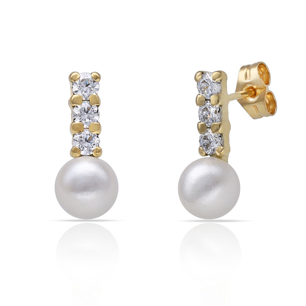 Pendientes Oro 18k Barra Circonitas Perlas 6x14mm