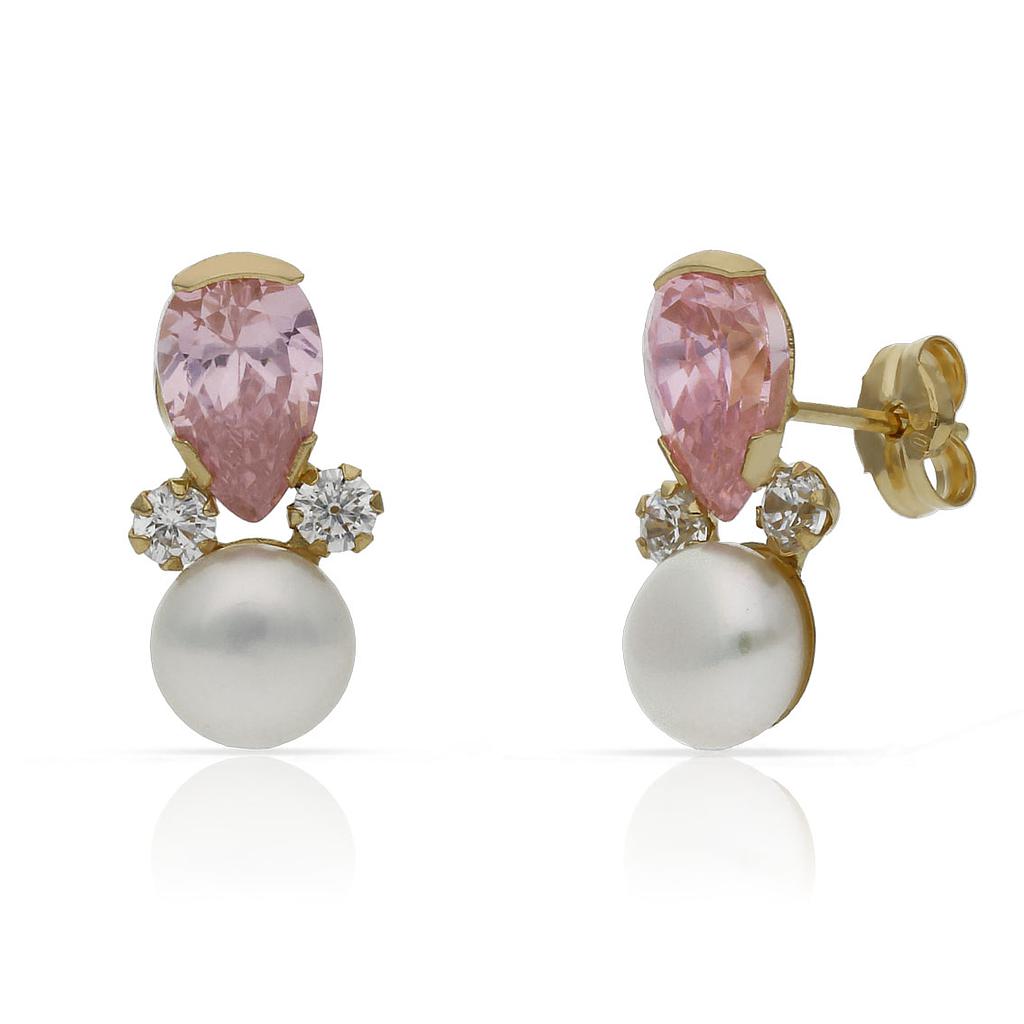 Pendientes Oro 18k Rosa Circonitas Perla