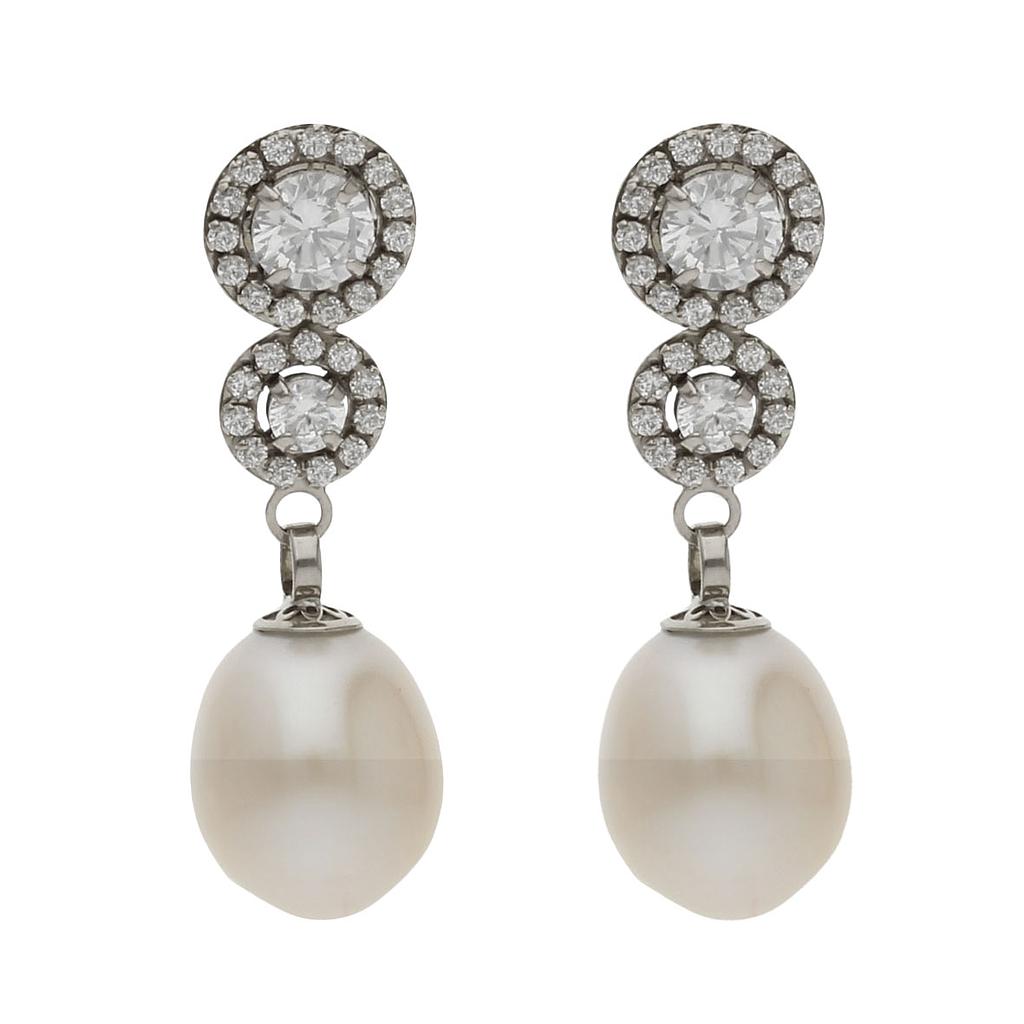 Pendientes Oro Blanco 18k Perlas Cultivadas Circonitas 8x26mm